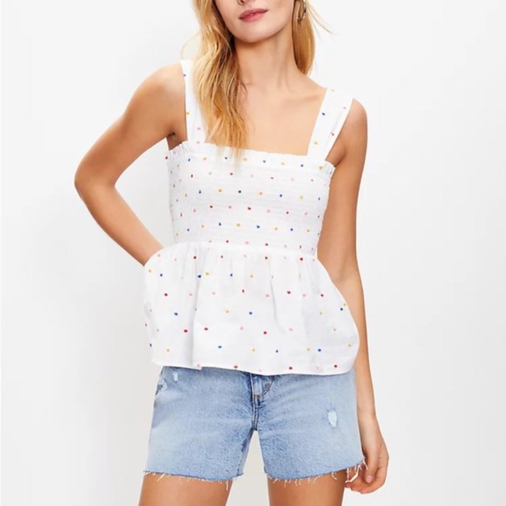 LOFT White Multicolor Embroidered Dotted Smocked Peplum Cami Top